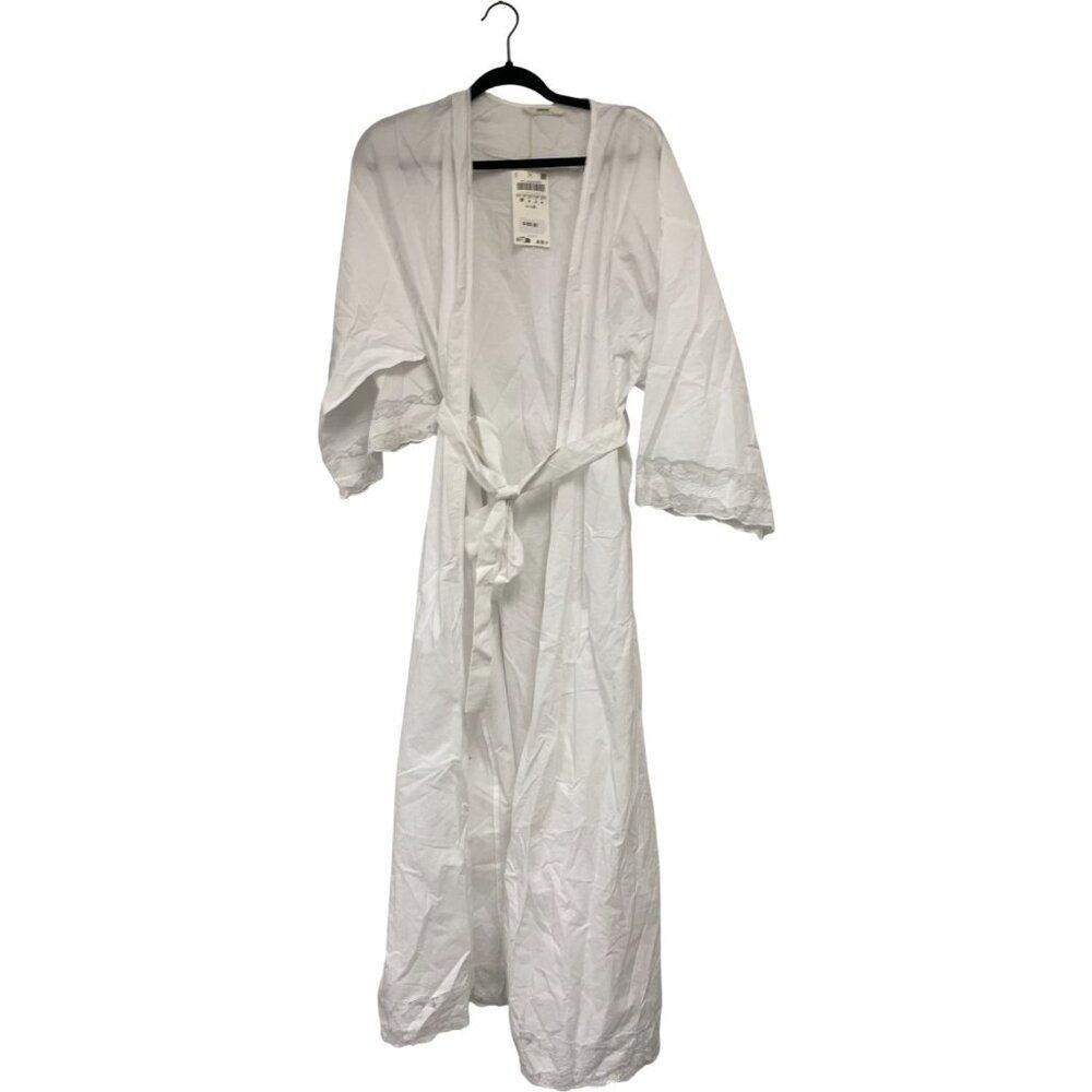 Zara Home Womens Cotton Robe Medium M Tie Waist Lace trim Classic 8148/434 NWT